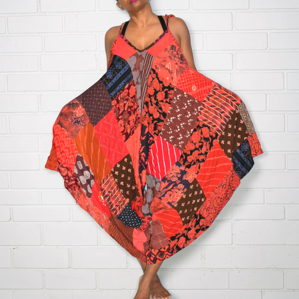 Boho Patchwork Harem Romper Red Tie Strap Jumper … - image 14